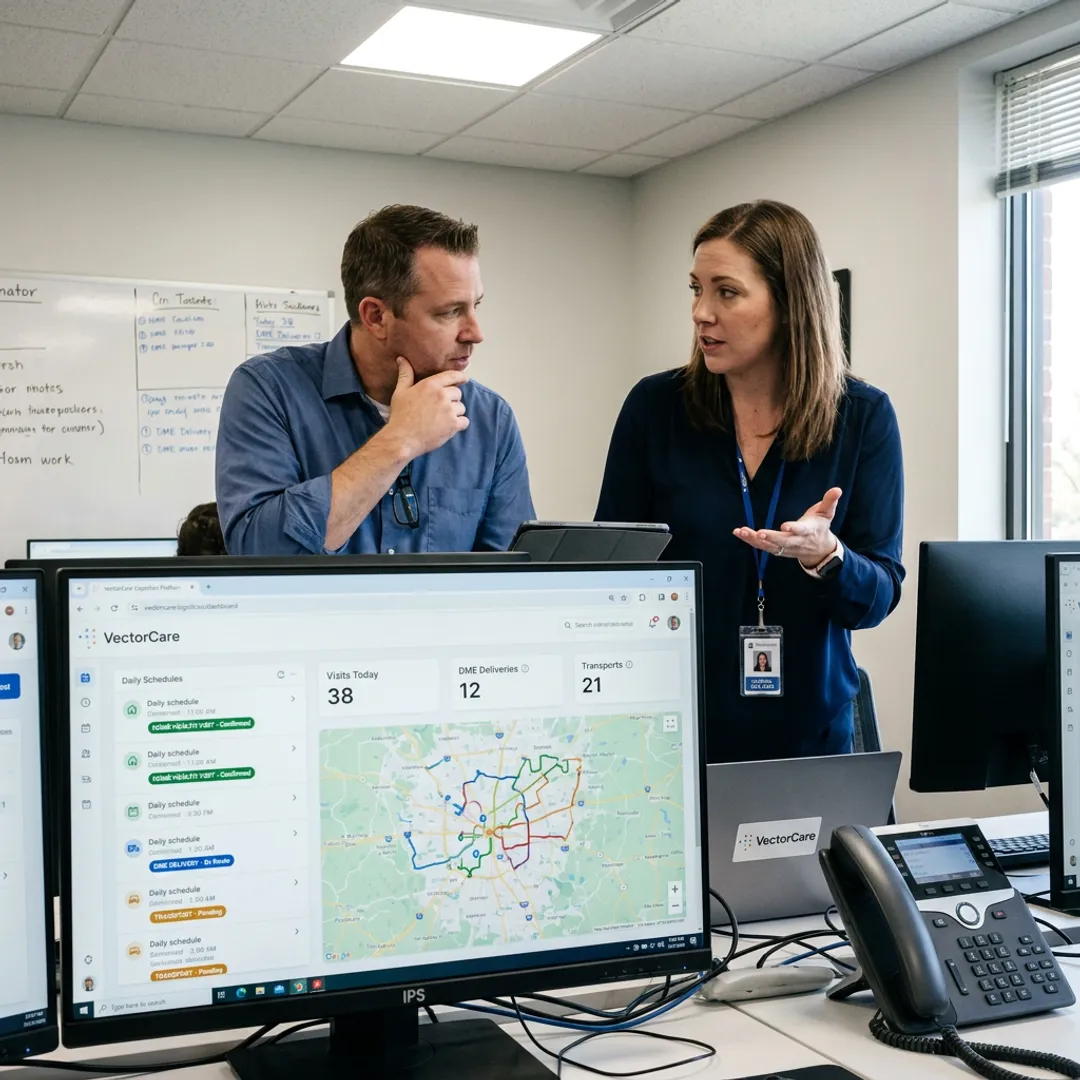 Care team coordinating home services on a healthcare logistics platform