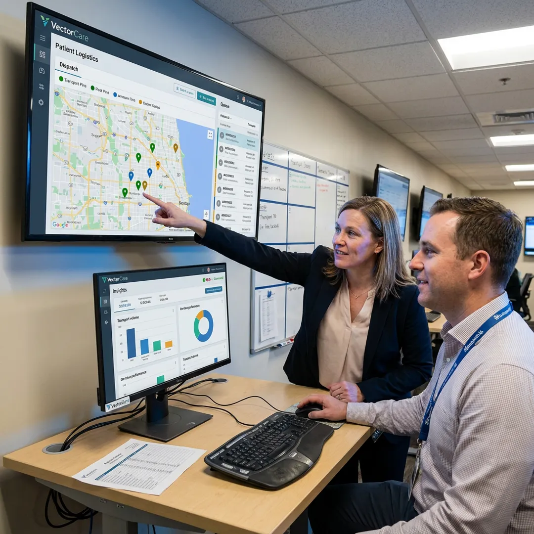 Healthcare team reviewing patient logistics workflow dashboards