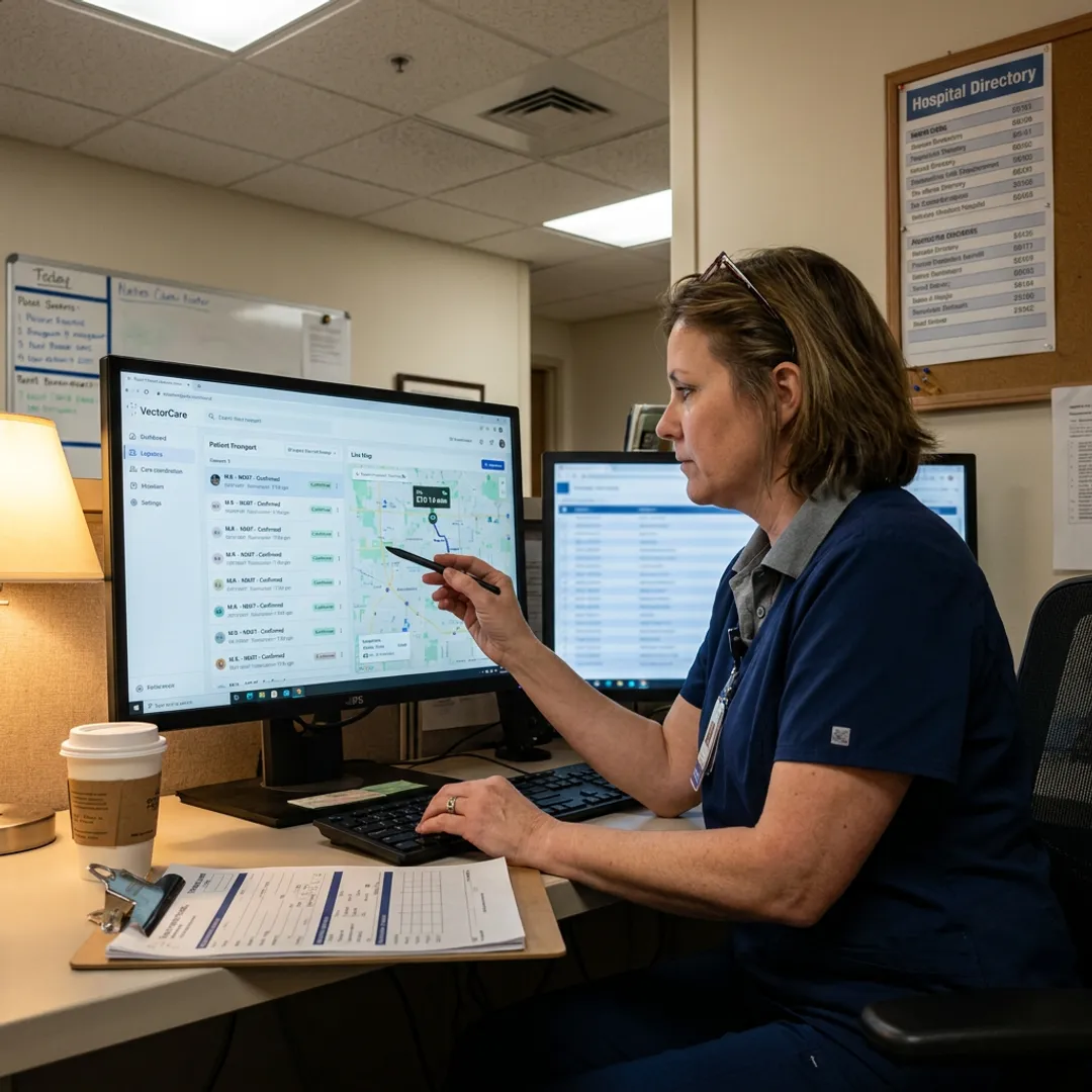 Healthcare team coordinating patient transportation digitally