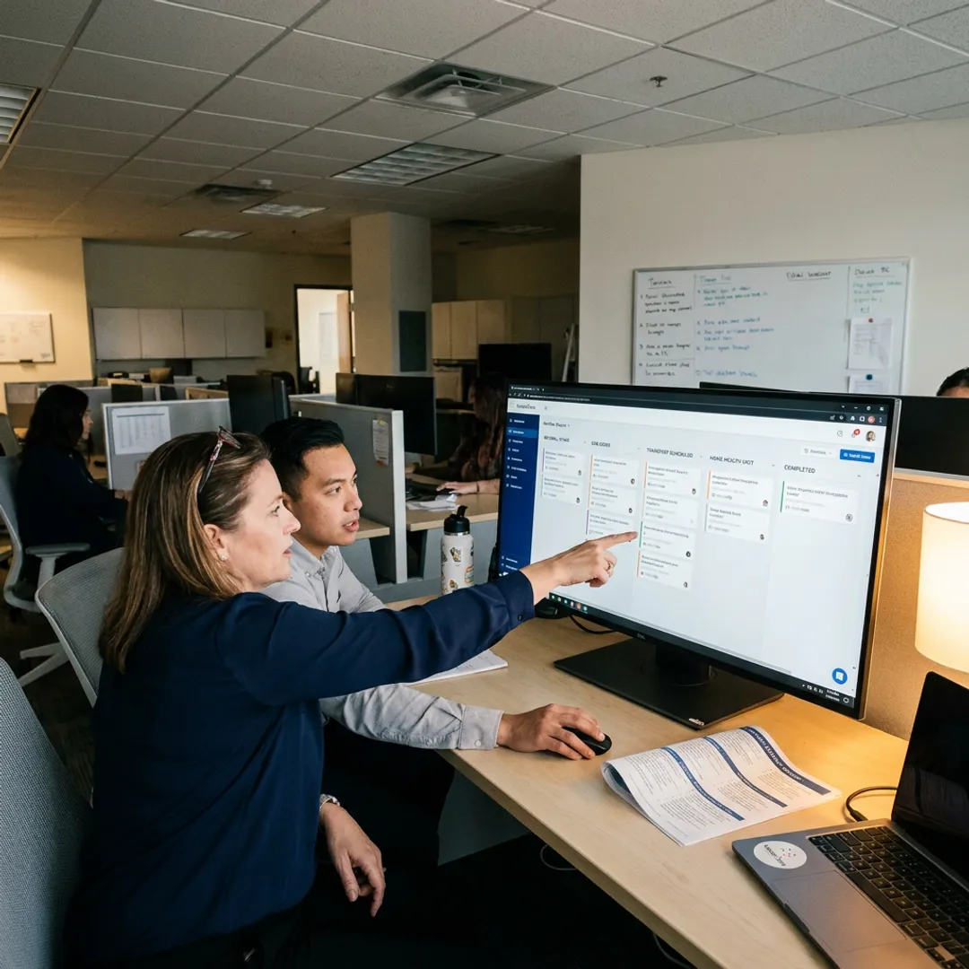 Healthcare team coordinating home health workflow steps