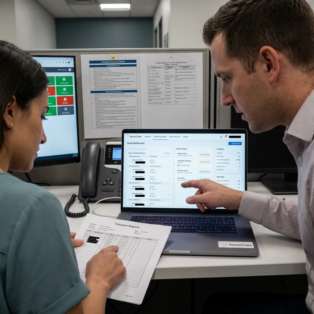 Healthcare team coordinating patient transport on a logistics platform