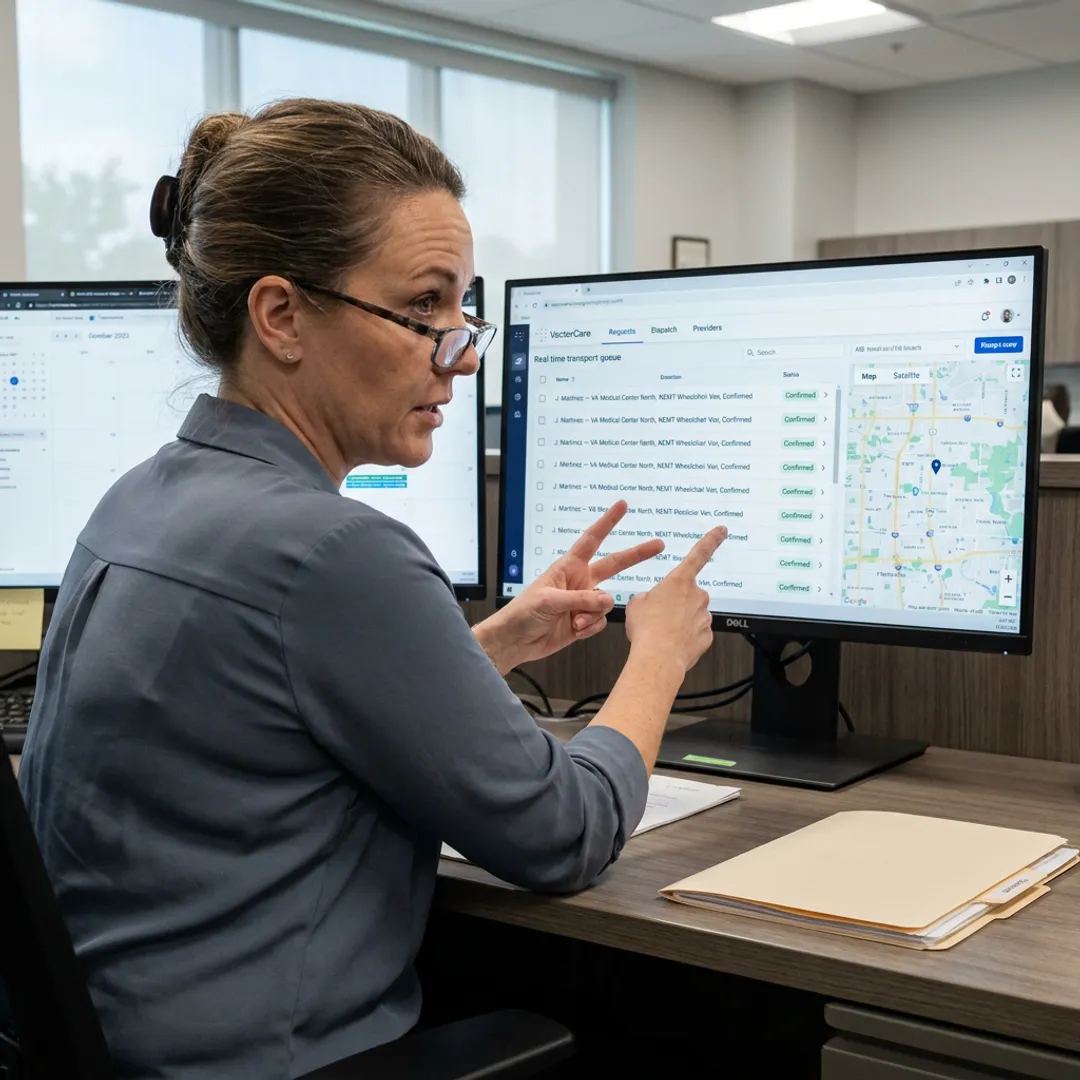 Healthcare coordinator managing veteran transport workflow