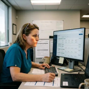 Healthcare coordinator managing elderly care logistics on software dashboard