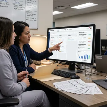 Healthcare team coordinating home health workflows on software dashboard