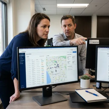 Healthcare team coordinating medical transportation on a digital logistics platform