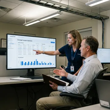 Hospital team reviewing discharge transport workflow