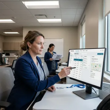 Hospital staff coordinating patient logistics on digital dashboards