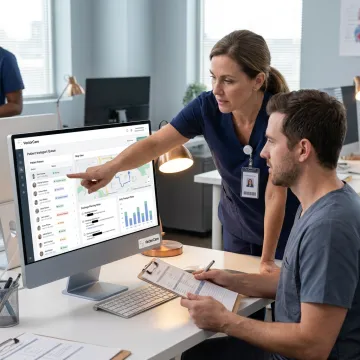 Hospital care team coordinating patient logistics on a digital platform