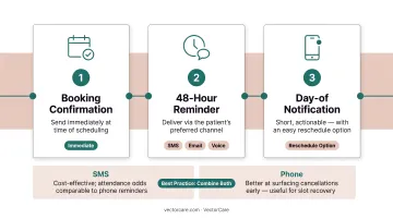 Three-step automated patient reminder sequence timeline from booking to day-of notification