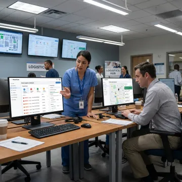 Care team coordinating patient transportation on a healthcare logistics dashboard