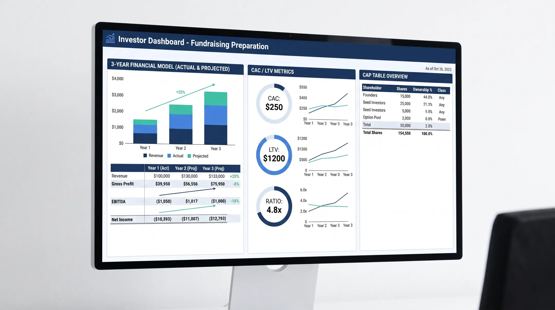 Fractional CFO dashboard showing financial model and cap table metrics