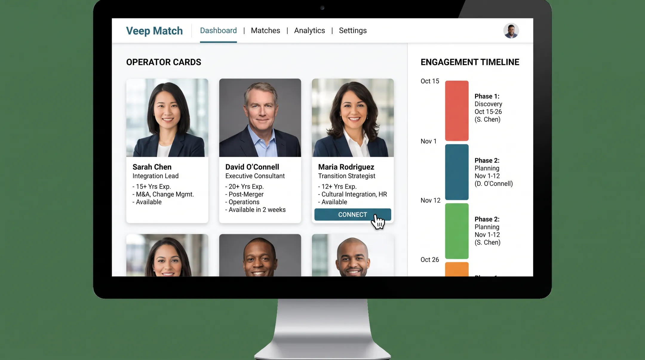 Veep platform matching companies with vetted senior integration operators