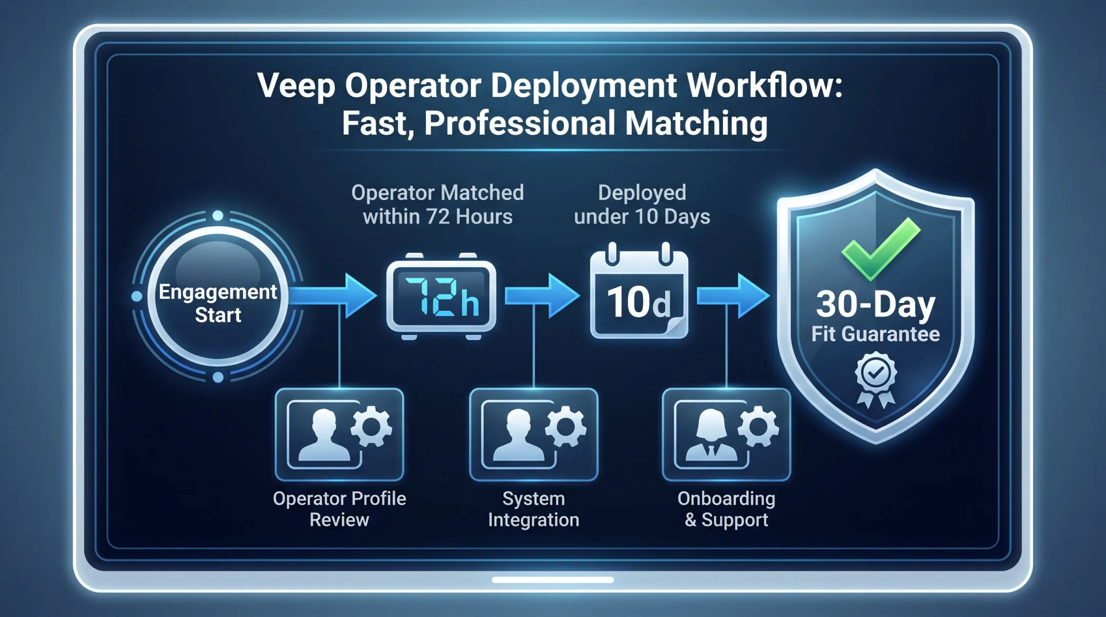 Veep operator engagement timeline showing matching to deployment process