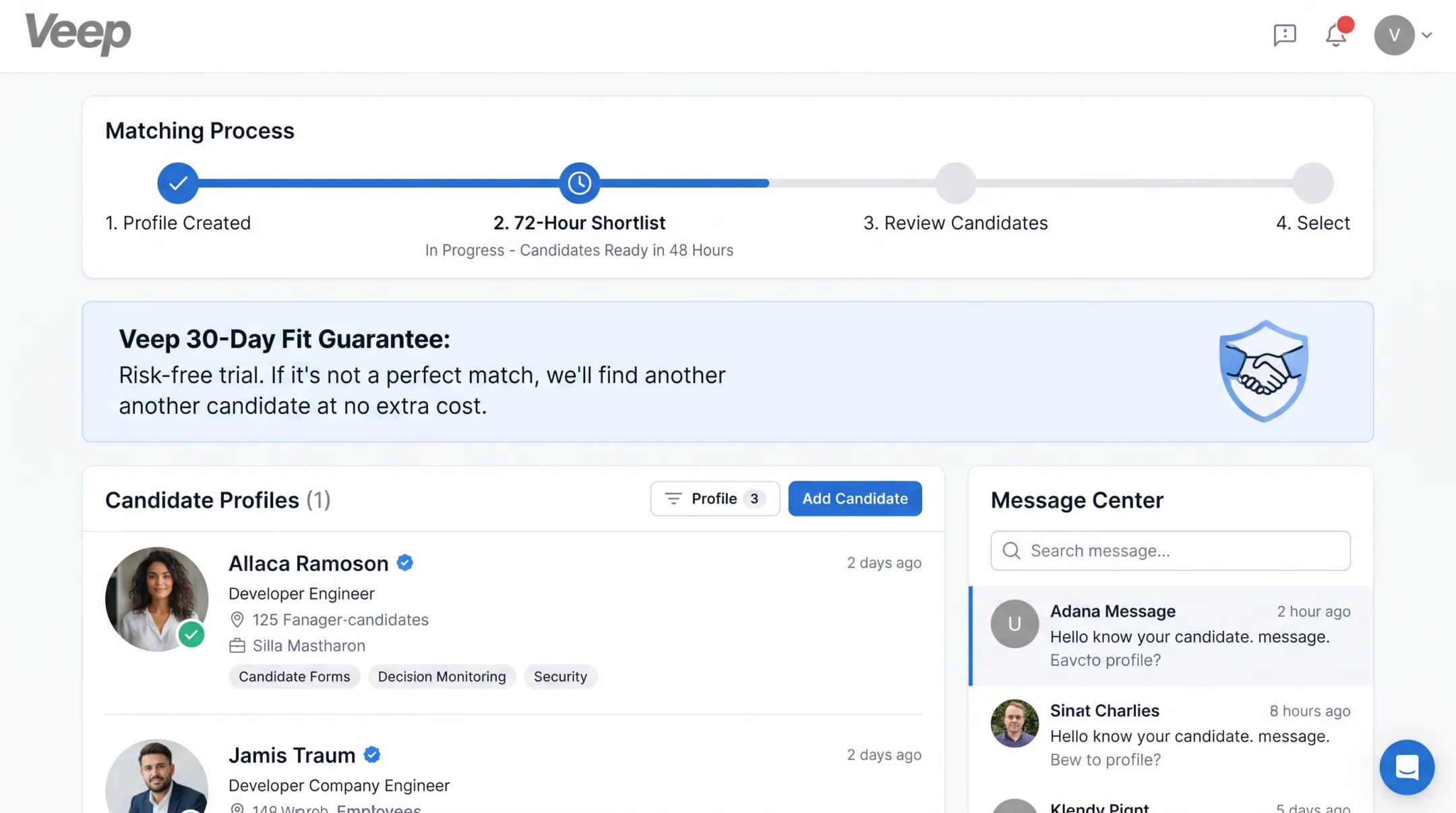 Veep platform dashboard showing 72-hour shortlist and fit guarantee process