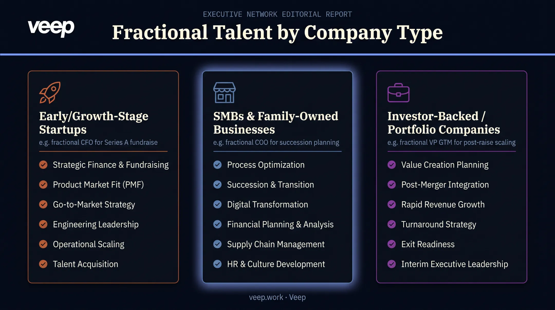 Fractional leadership needs by company stage startup SMB investor-backed