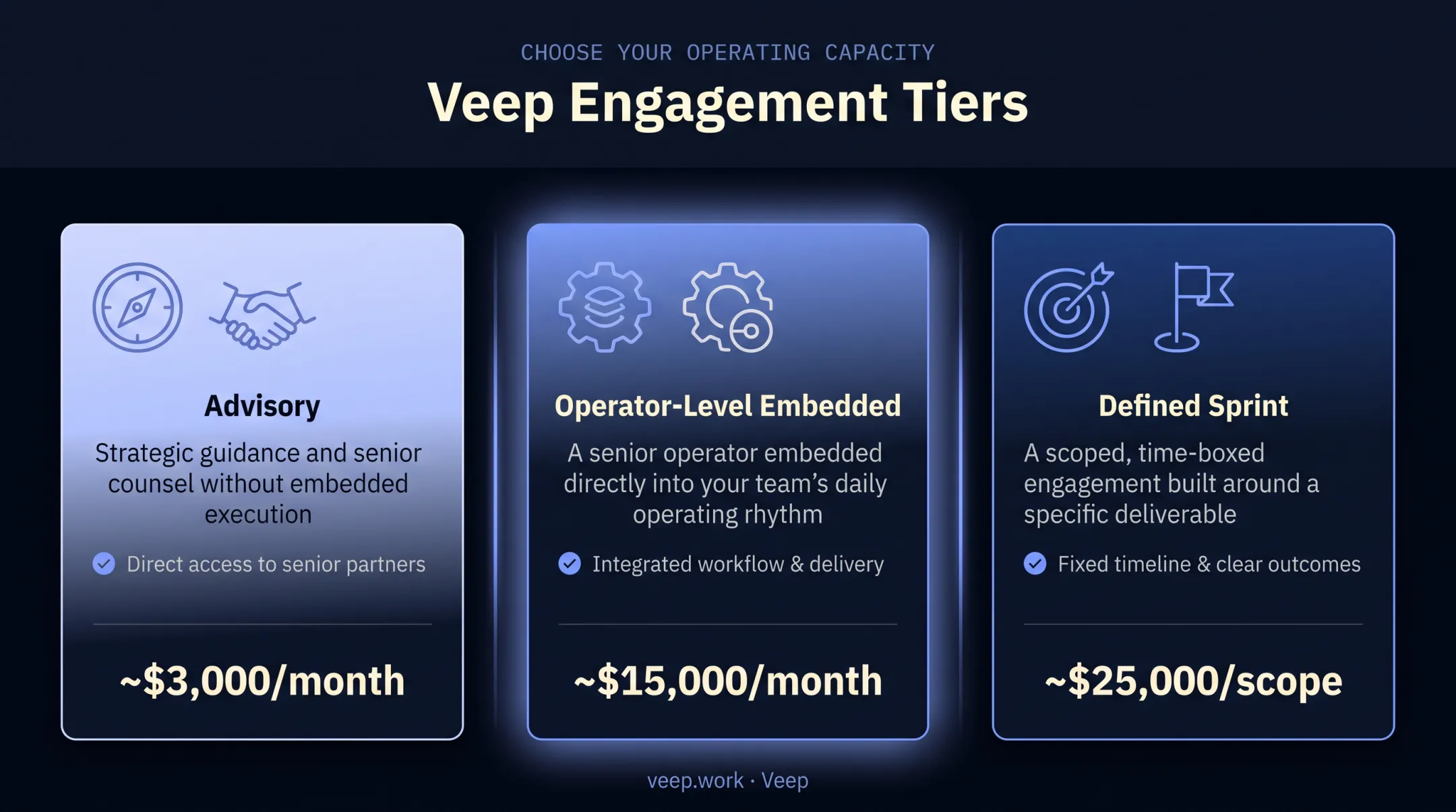 Veep fractional PM pricing tiers by engagement type and cost