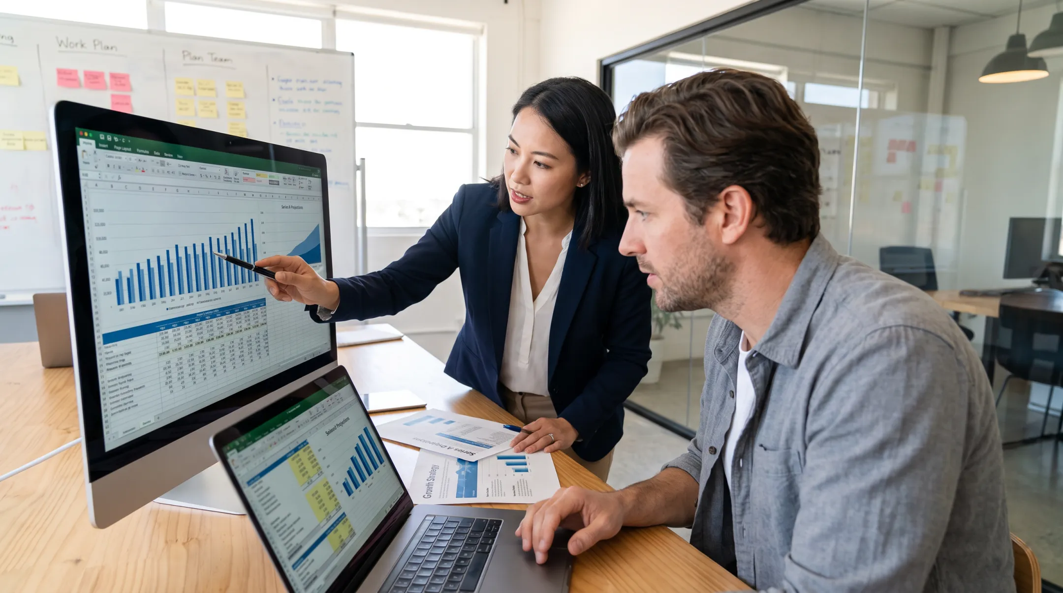 Fractional CFO advisor reviewing financial model with startup founder