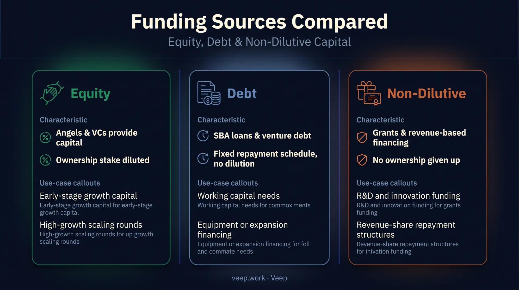 Startup funding sources comparison including equity debt and non-dilutive capital