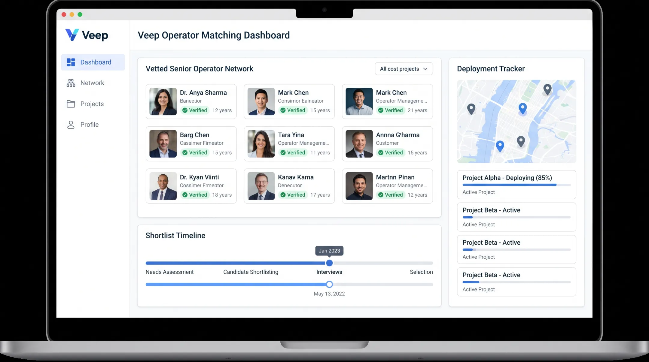 Veep operator matching process dashboard showing vetted growth executive network