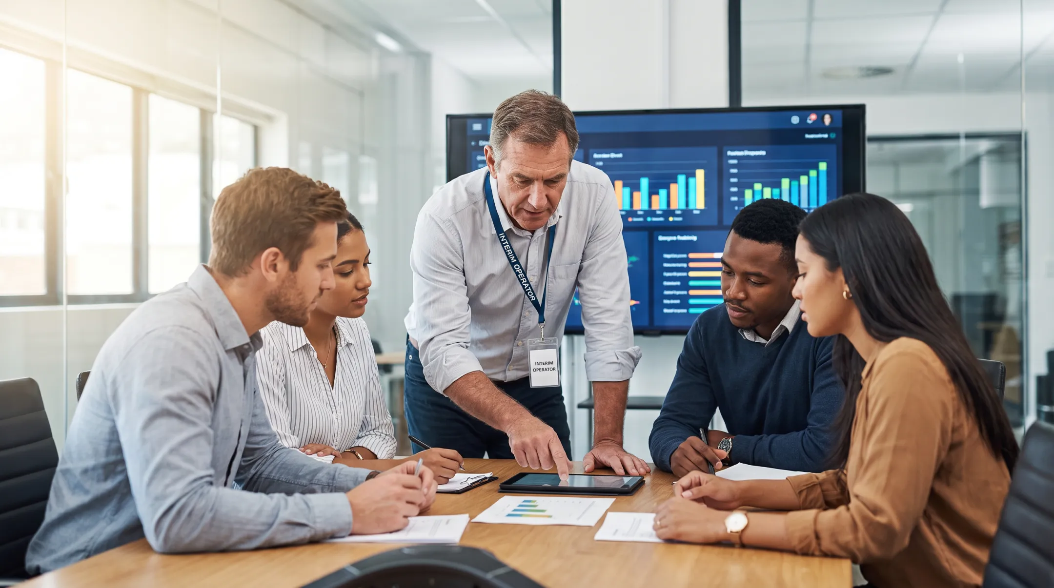 Interim executive leader reviewing operations dashboard during business transition