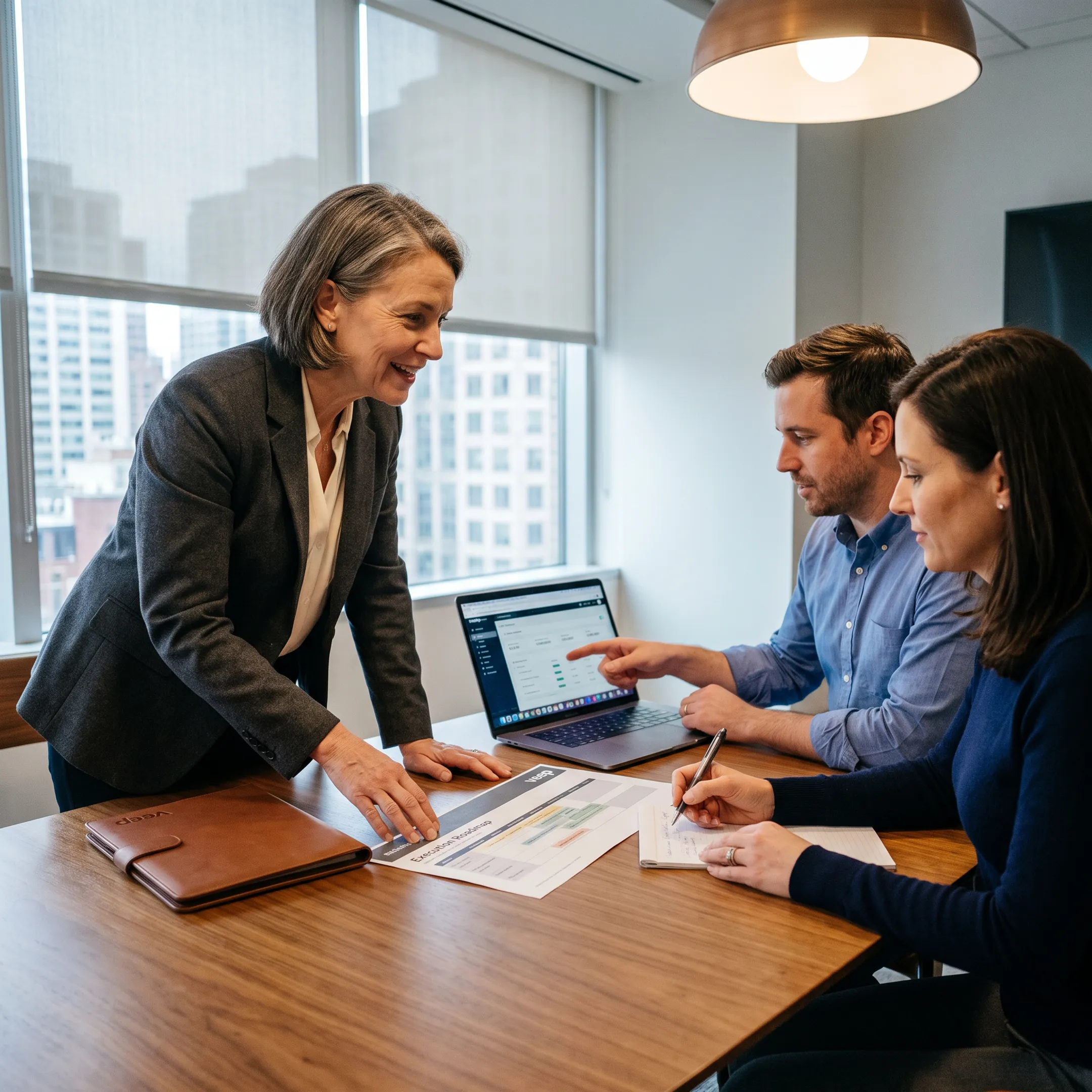 Interim operator reviewing an execution plan with founders