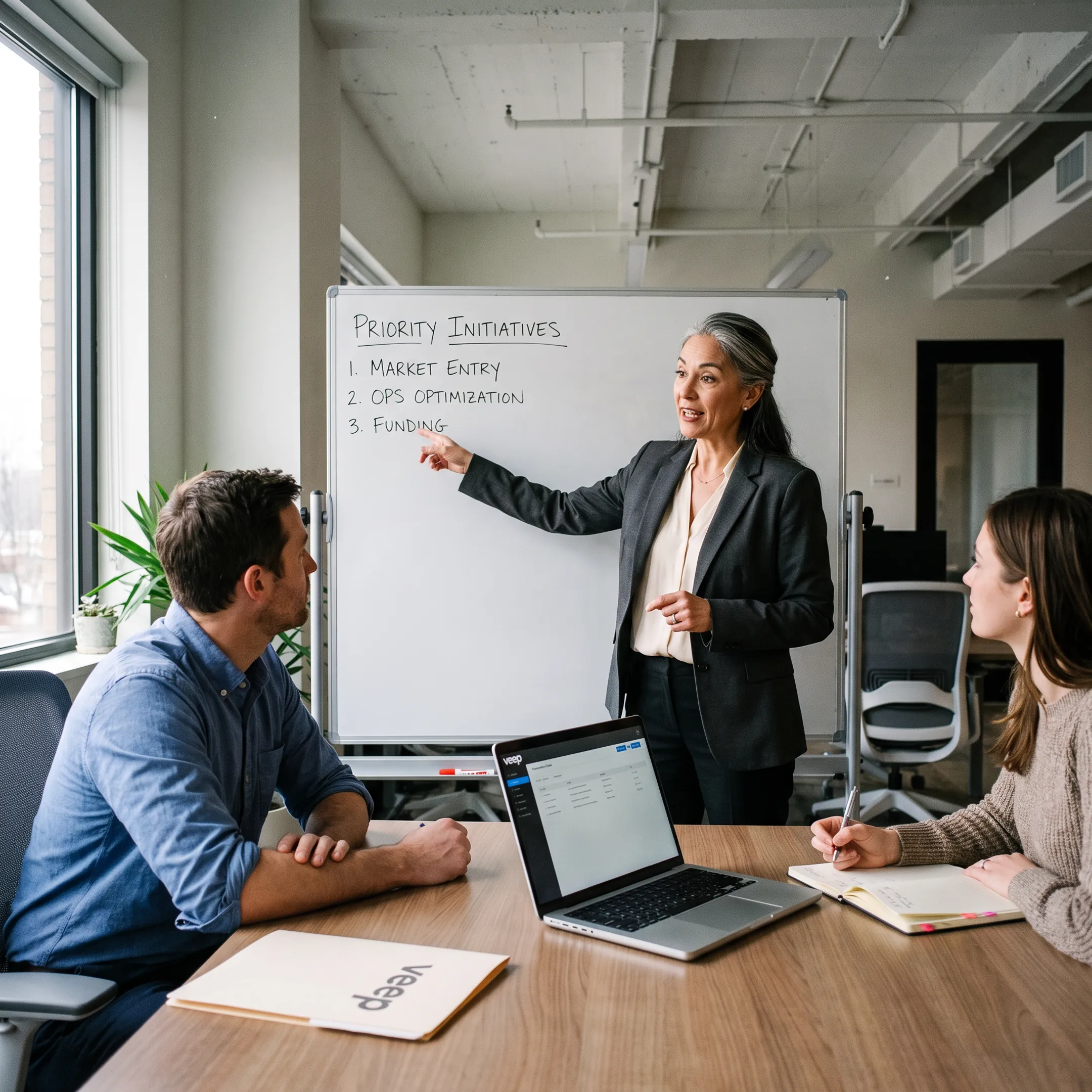 Senior interim executive collaborating with a startup leadership team