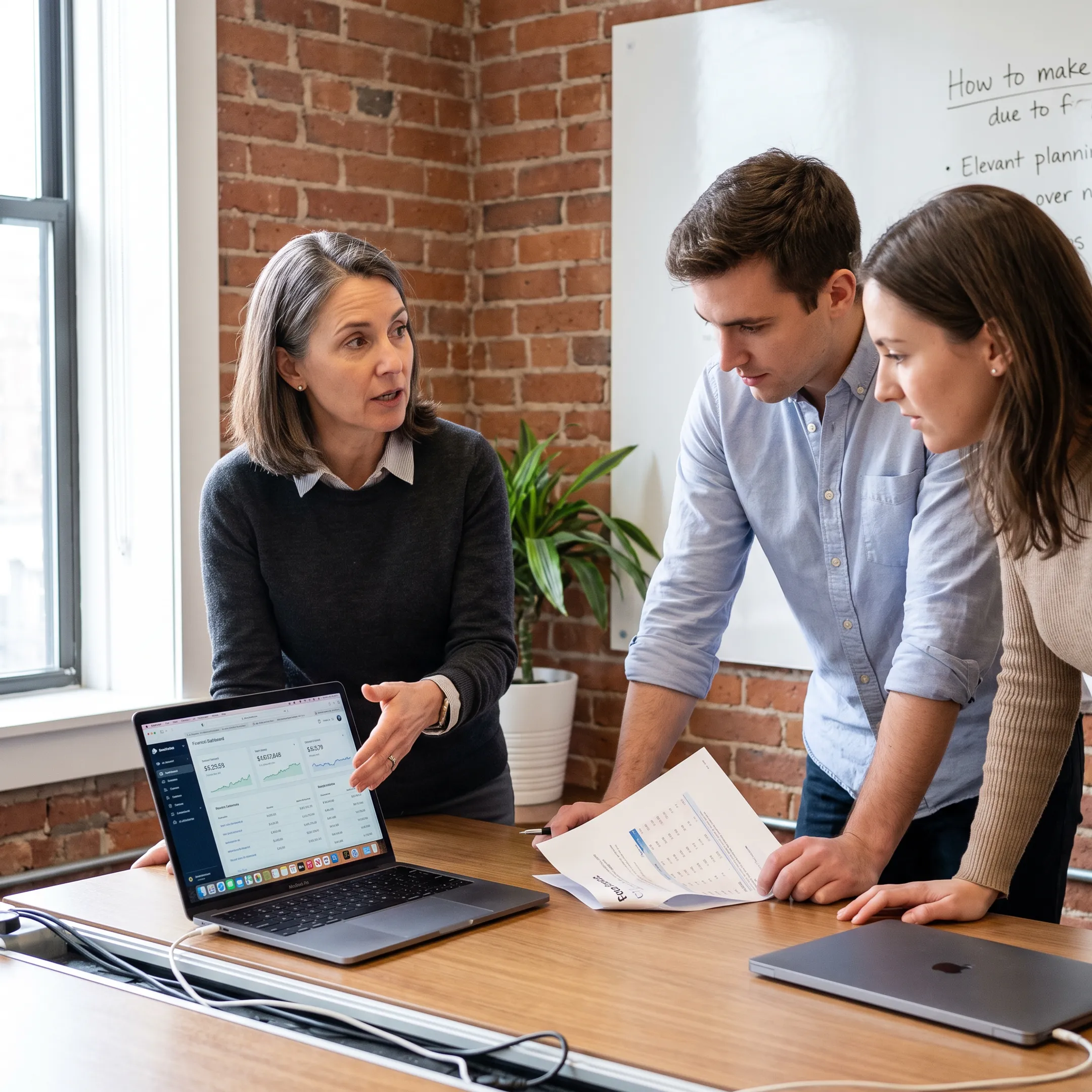 Senior finance operator reviewing financial reports with a startup leadership team