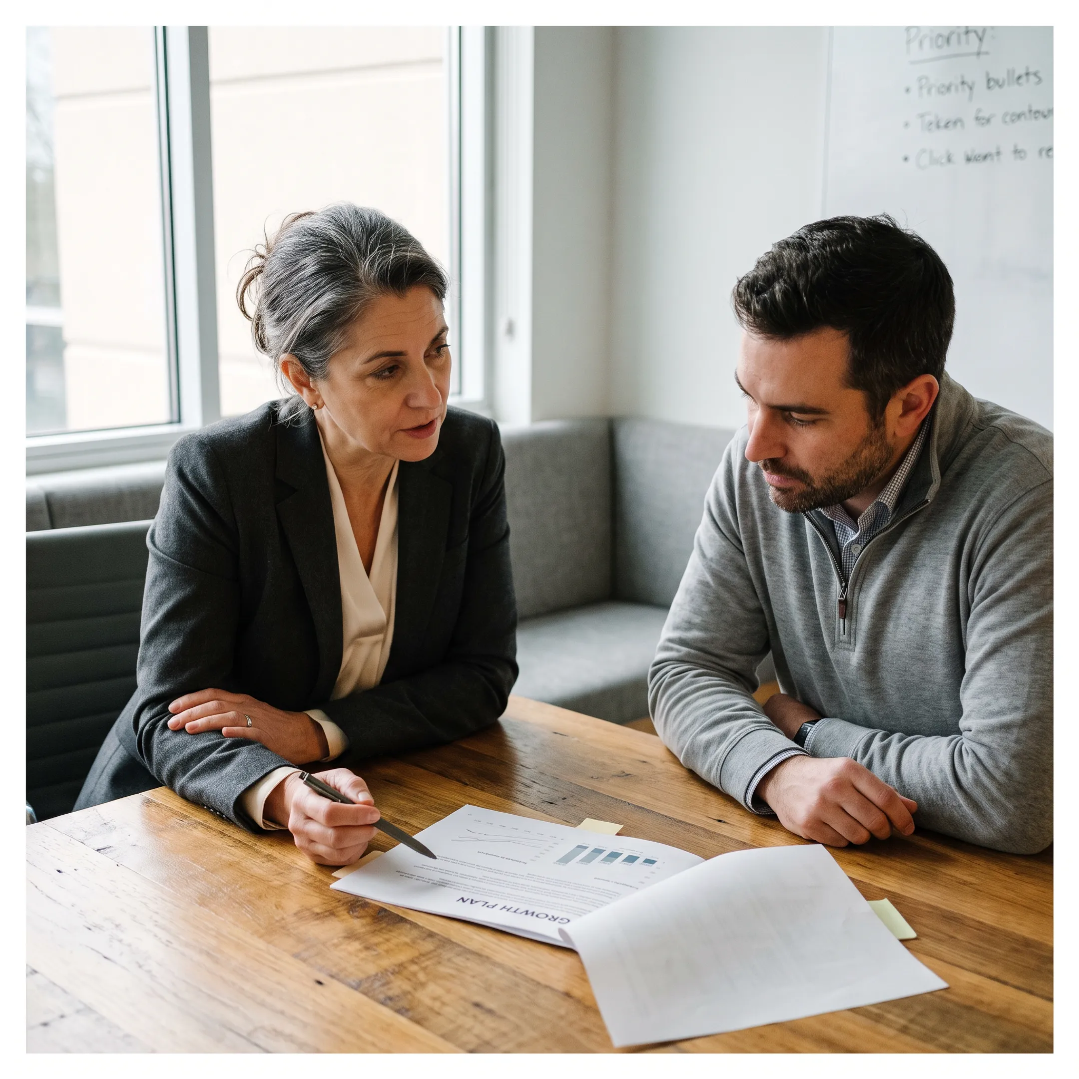 Senior operator planning business priorities with a founder