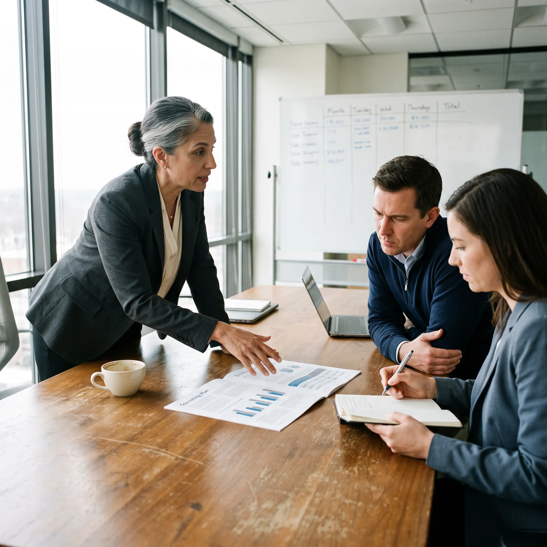 Strategic advisor reviewing business priorities with an executive team