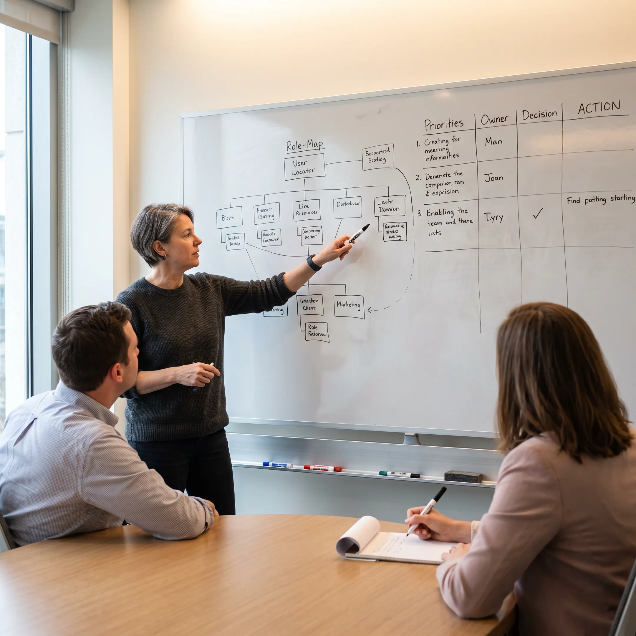 Senior operating partner mapping organizational roles with a company leadership team