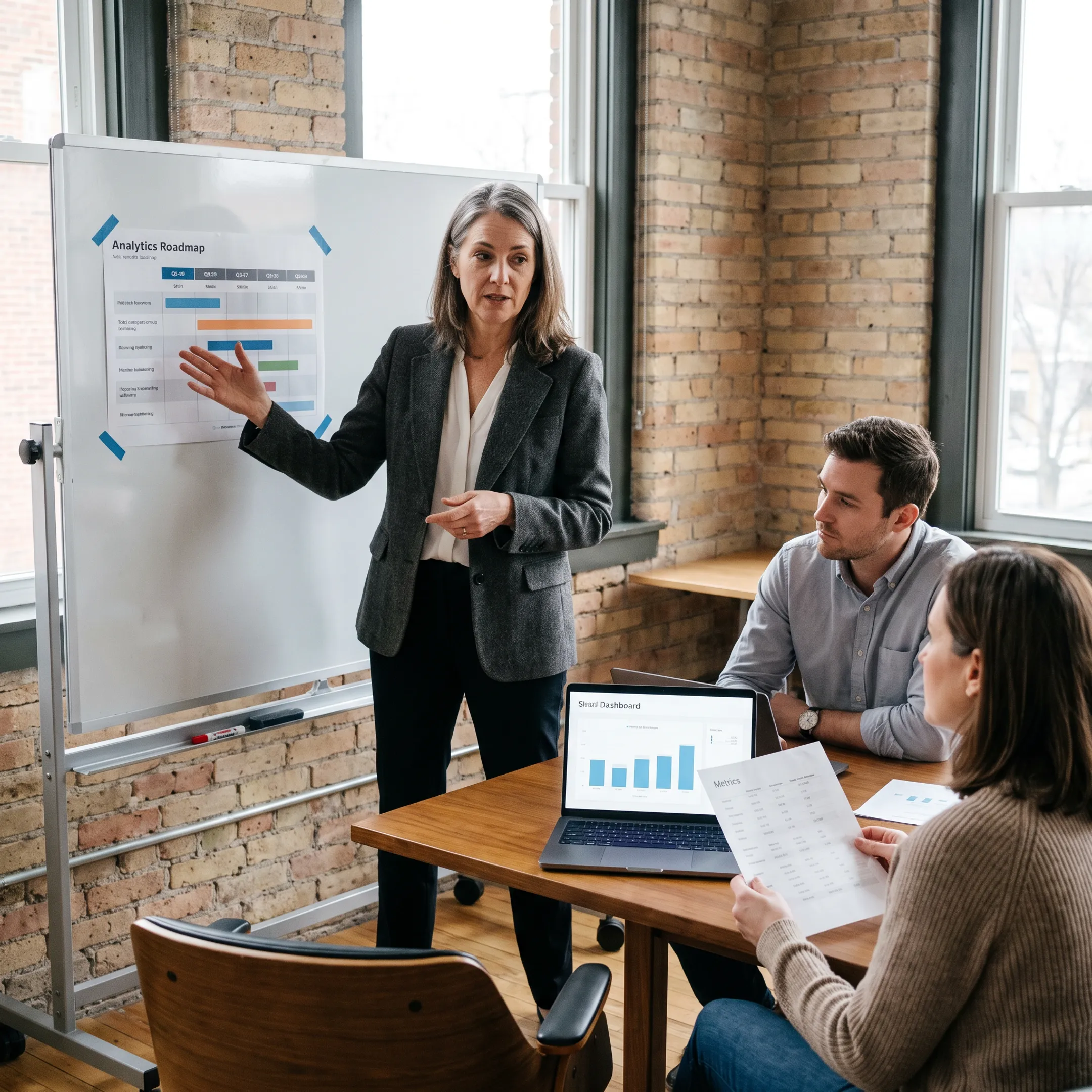 Senior data leader presenting analytics strategy to company founders