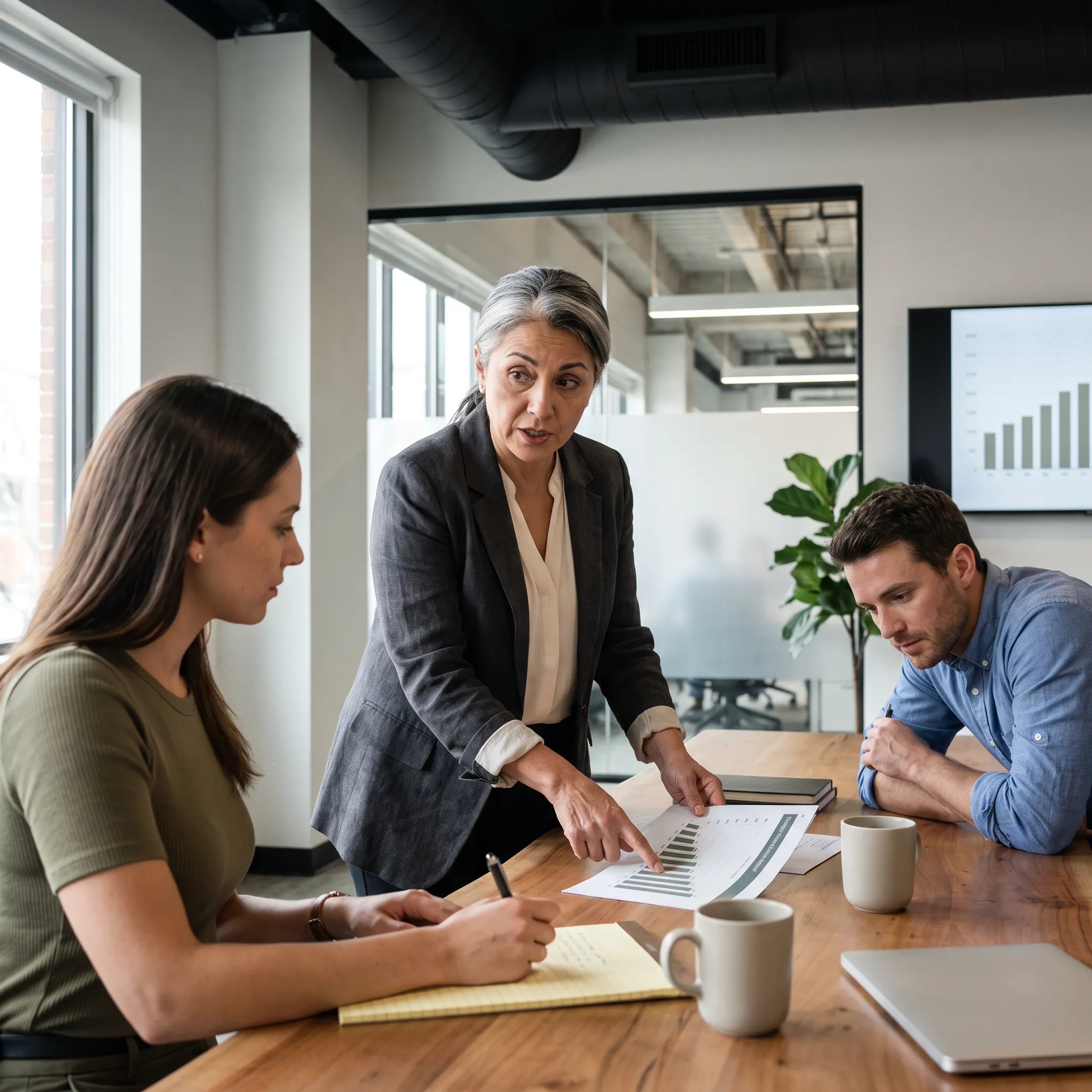 Senior finance operator reviewing business reports with founders