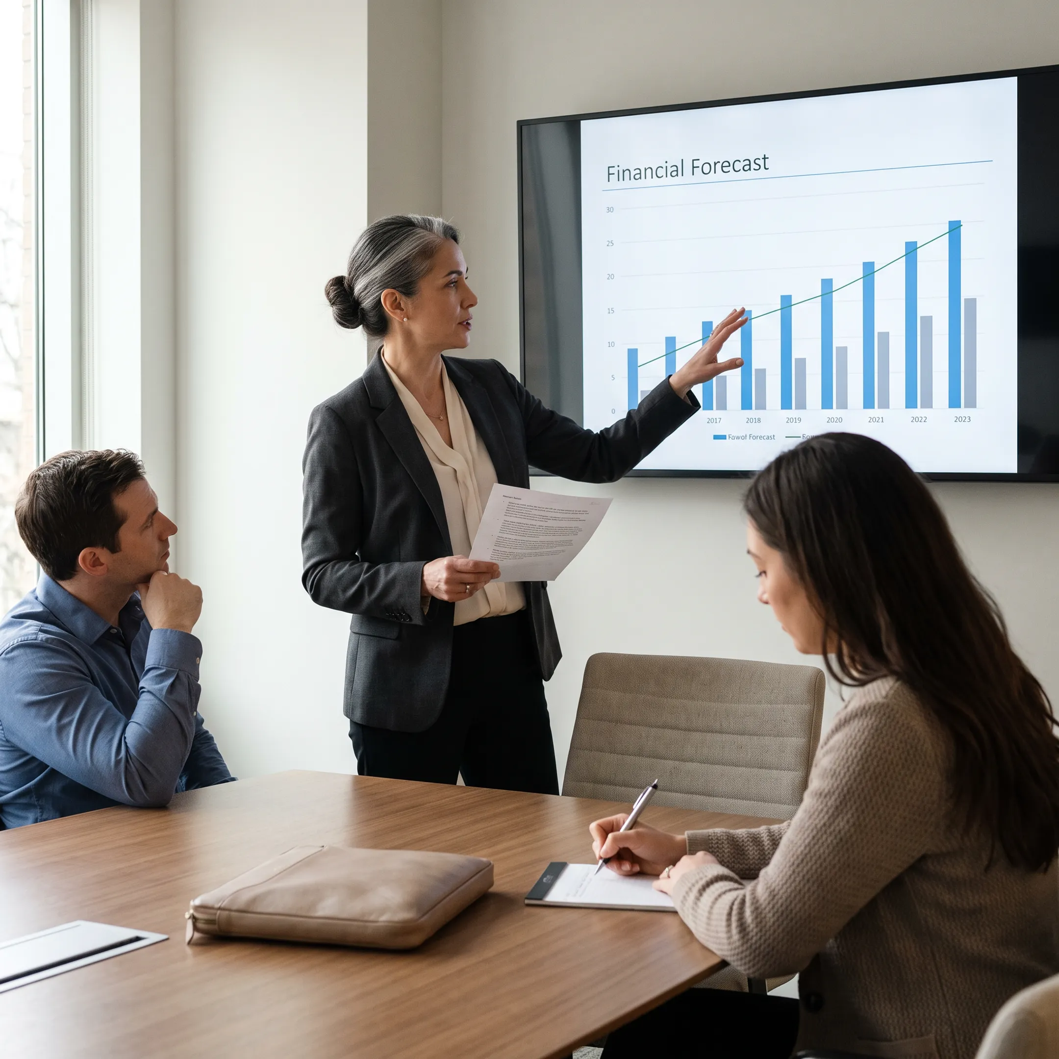 Outsourced CFO presenting financial strategy to company leaders