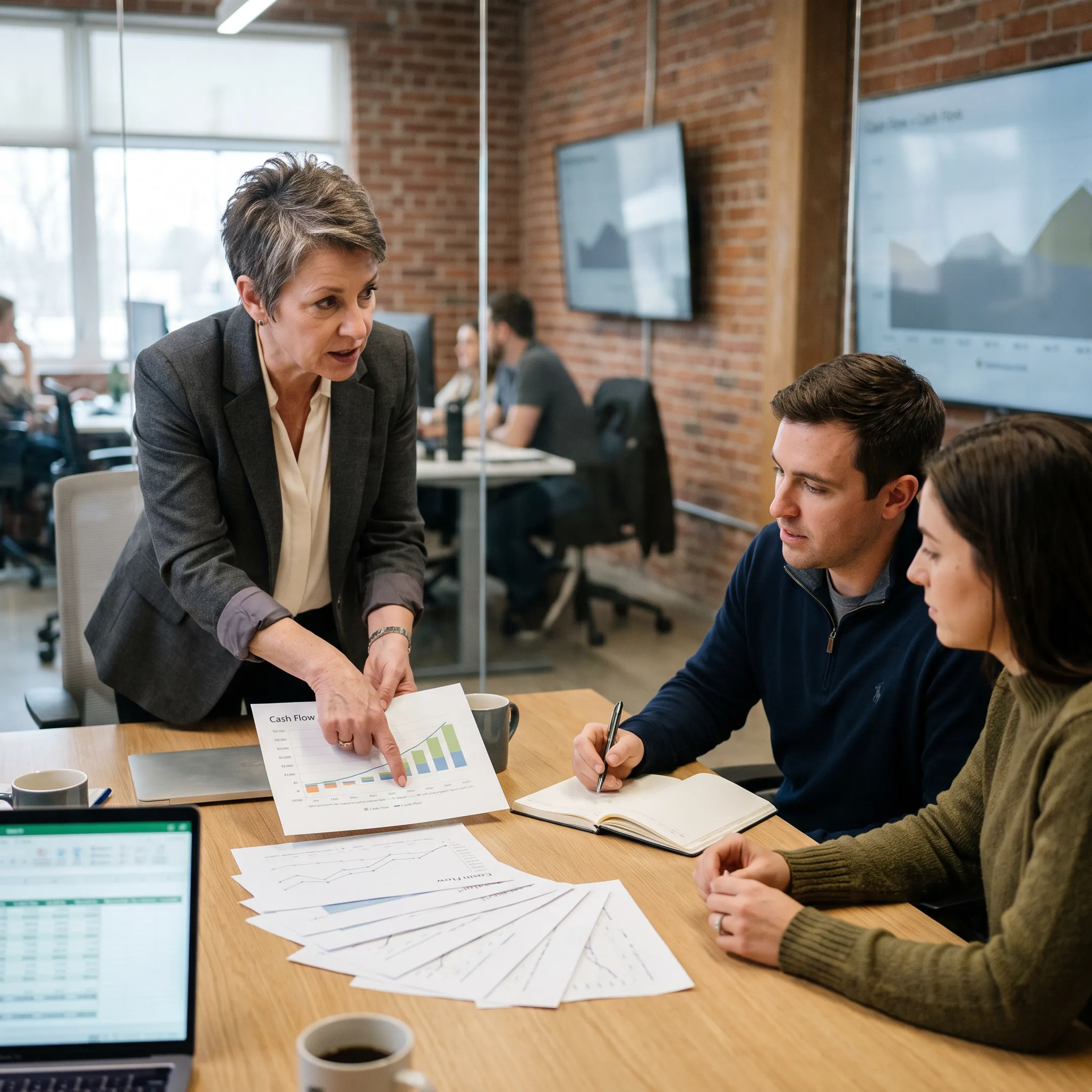 Senior financial operator reviewing company forecasts with startup founders