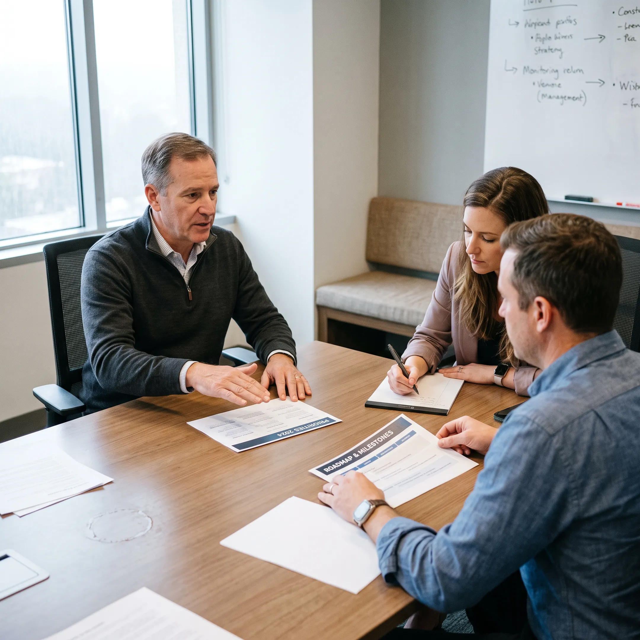 Executive team reviewing strategic priorities with an operating partner