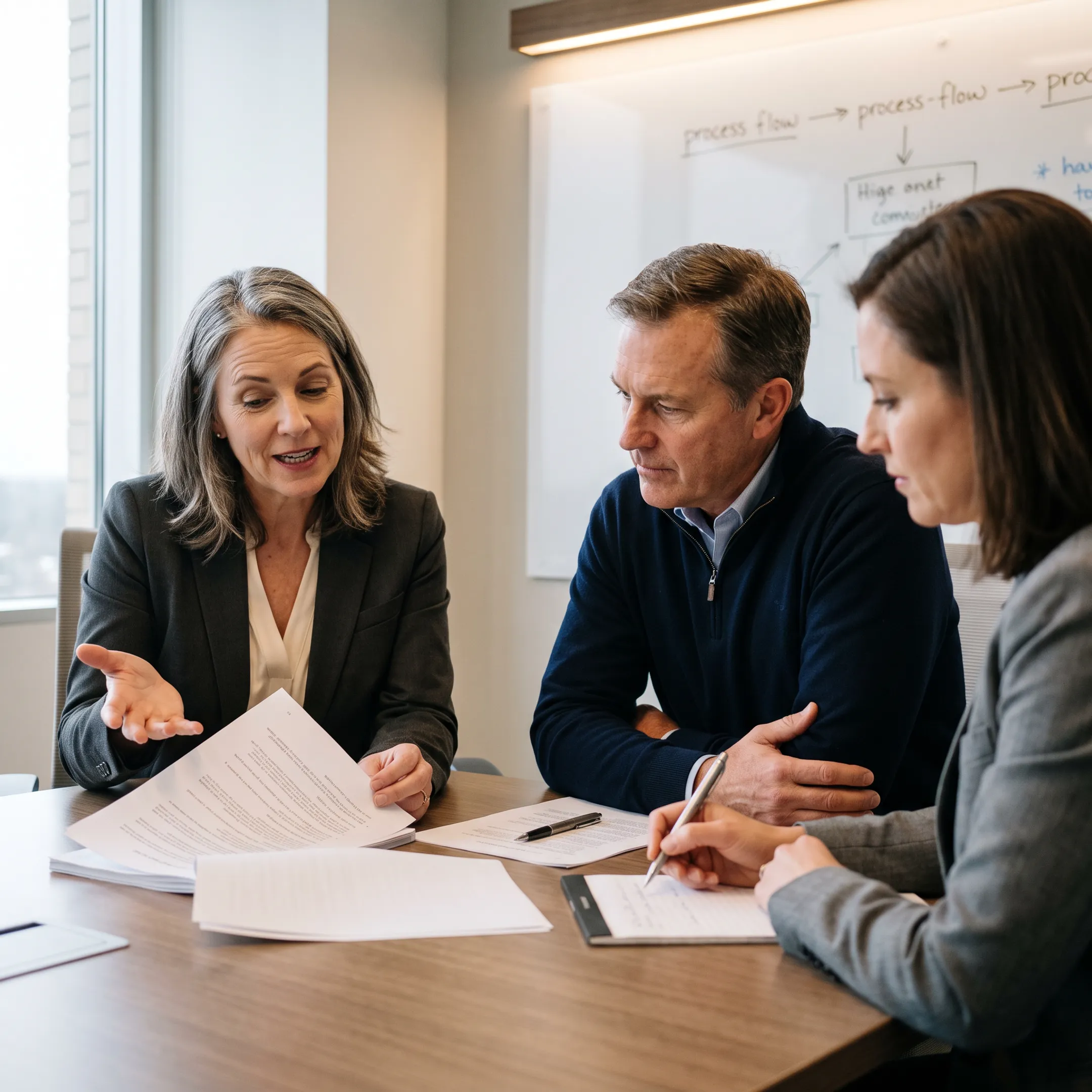HR consultant discussing workplace policies with company leadership