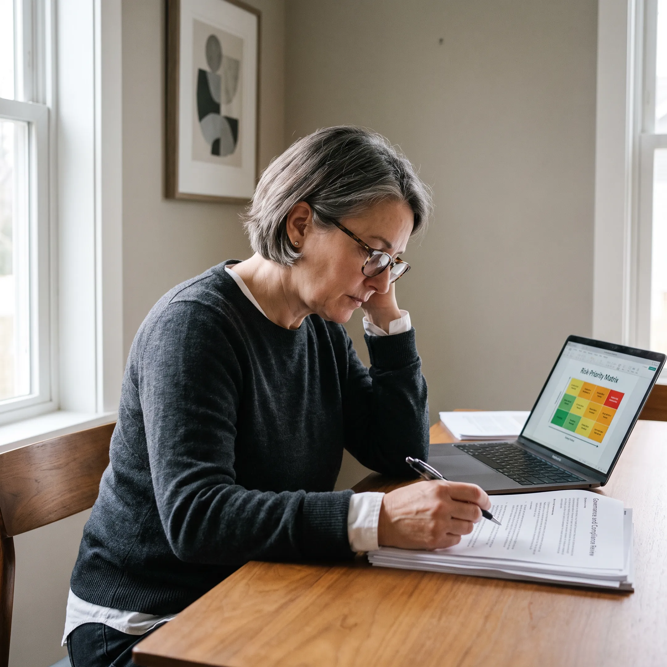 Senior compliance operator organizing risk and governance priorities