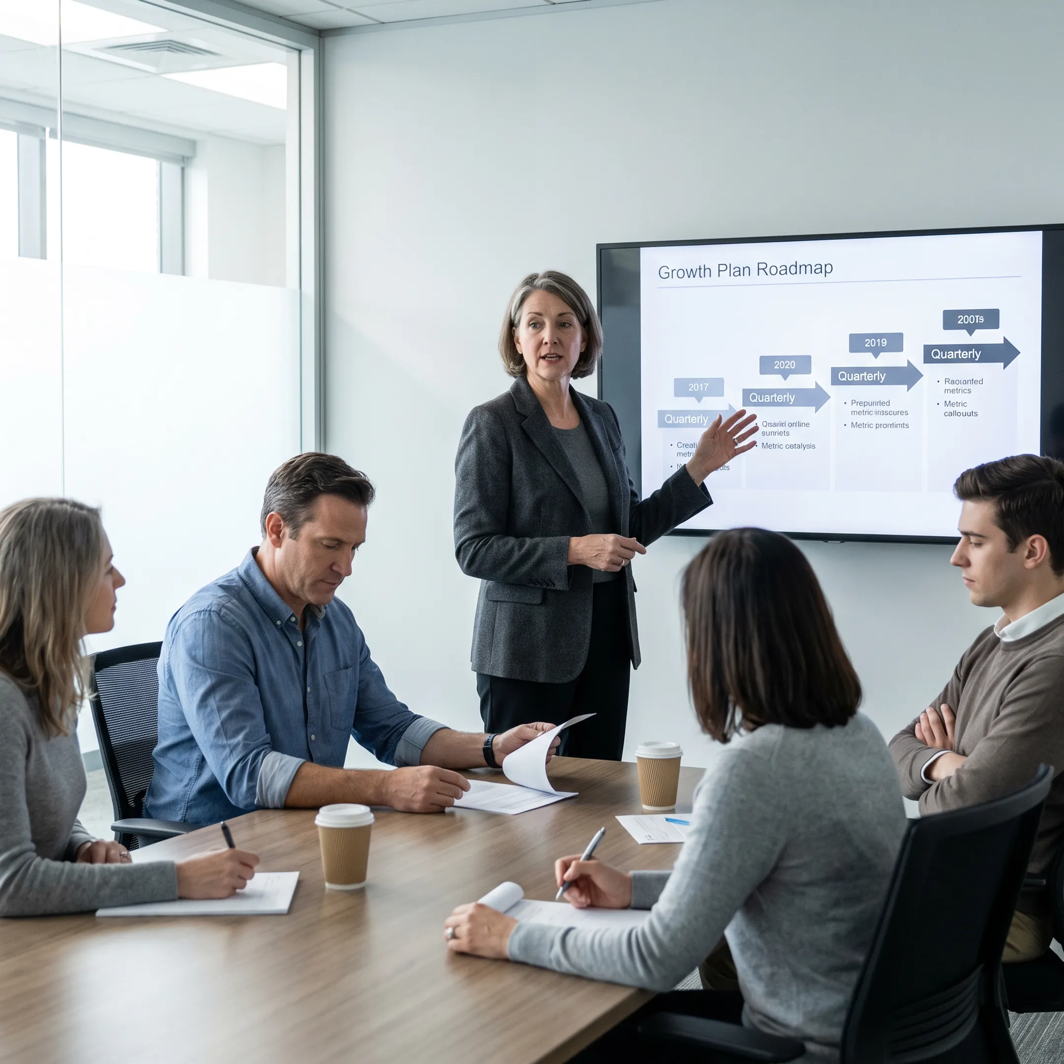 Senior operator reviewing a company growth plan with an executive team