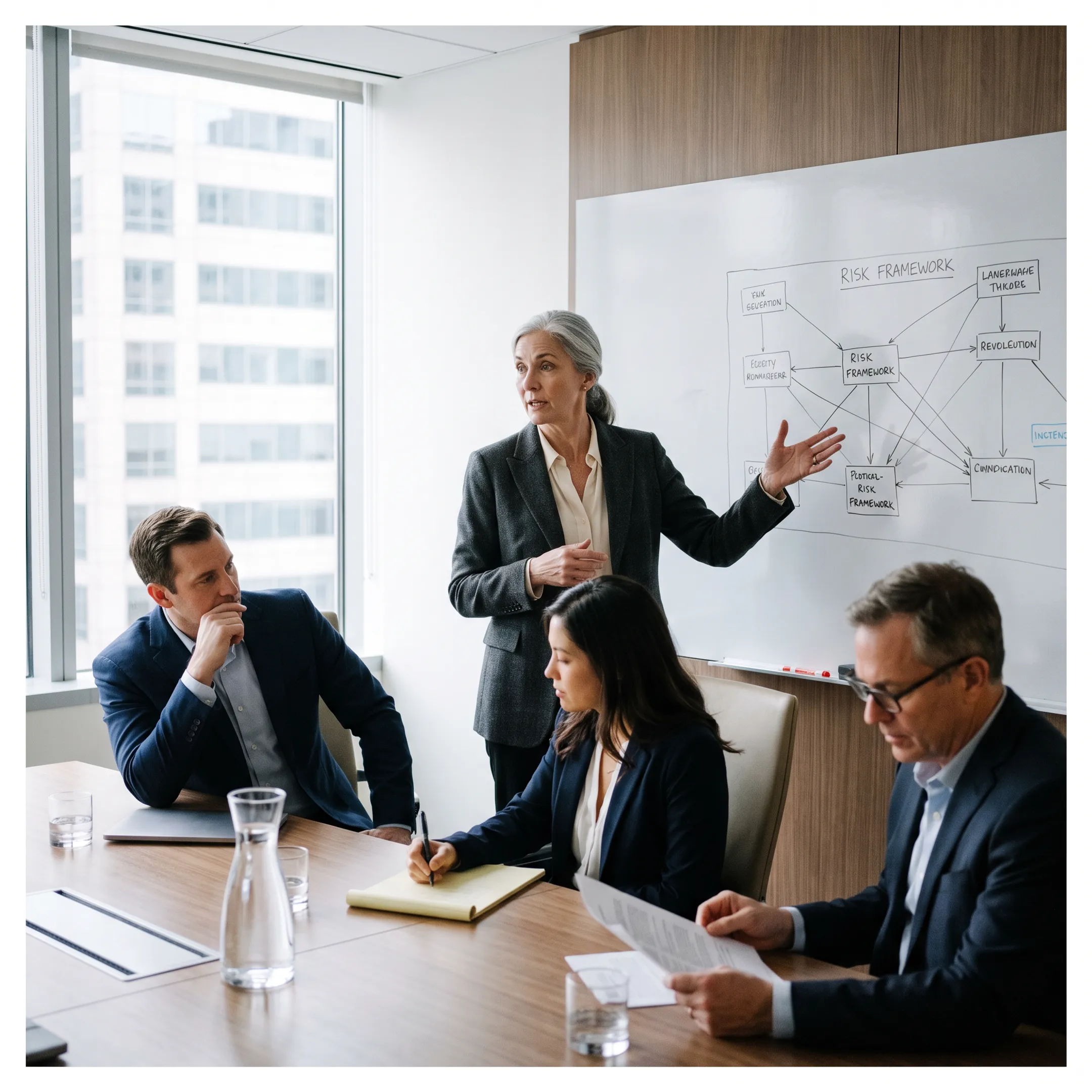 Compliance operator presenting a risk framework to company leaders