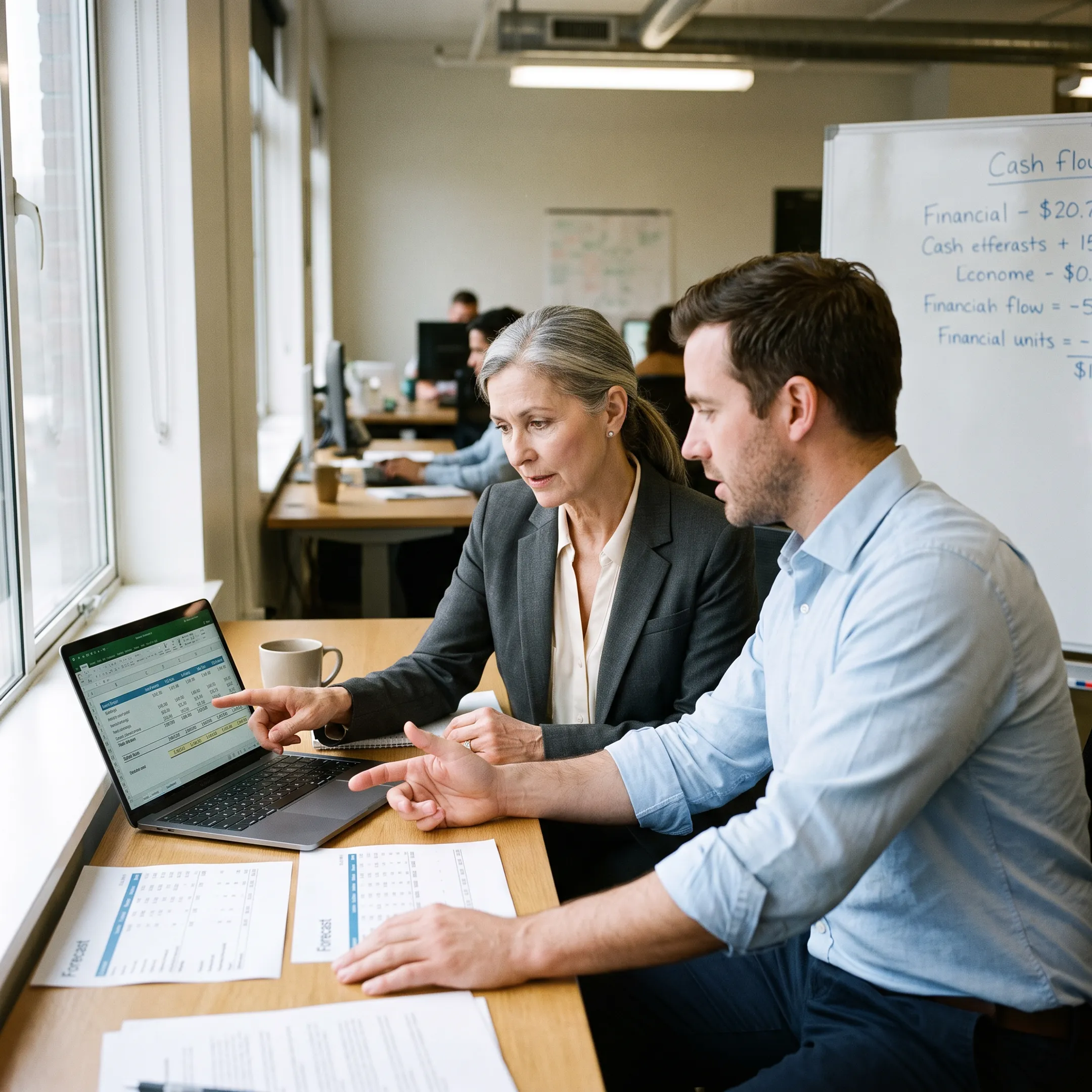 Senior financial operator reviewing company reports with a founder