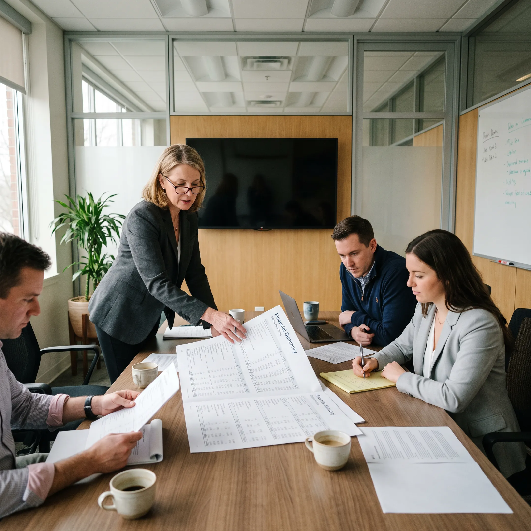 Financial operator presenting organized business insights