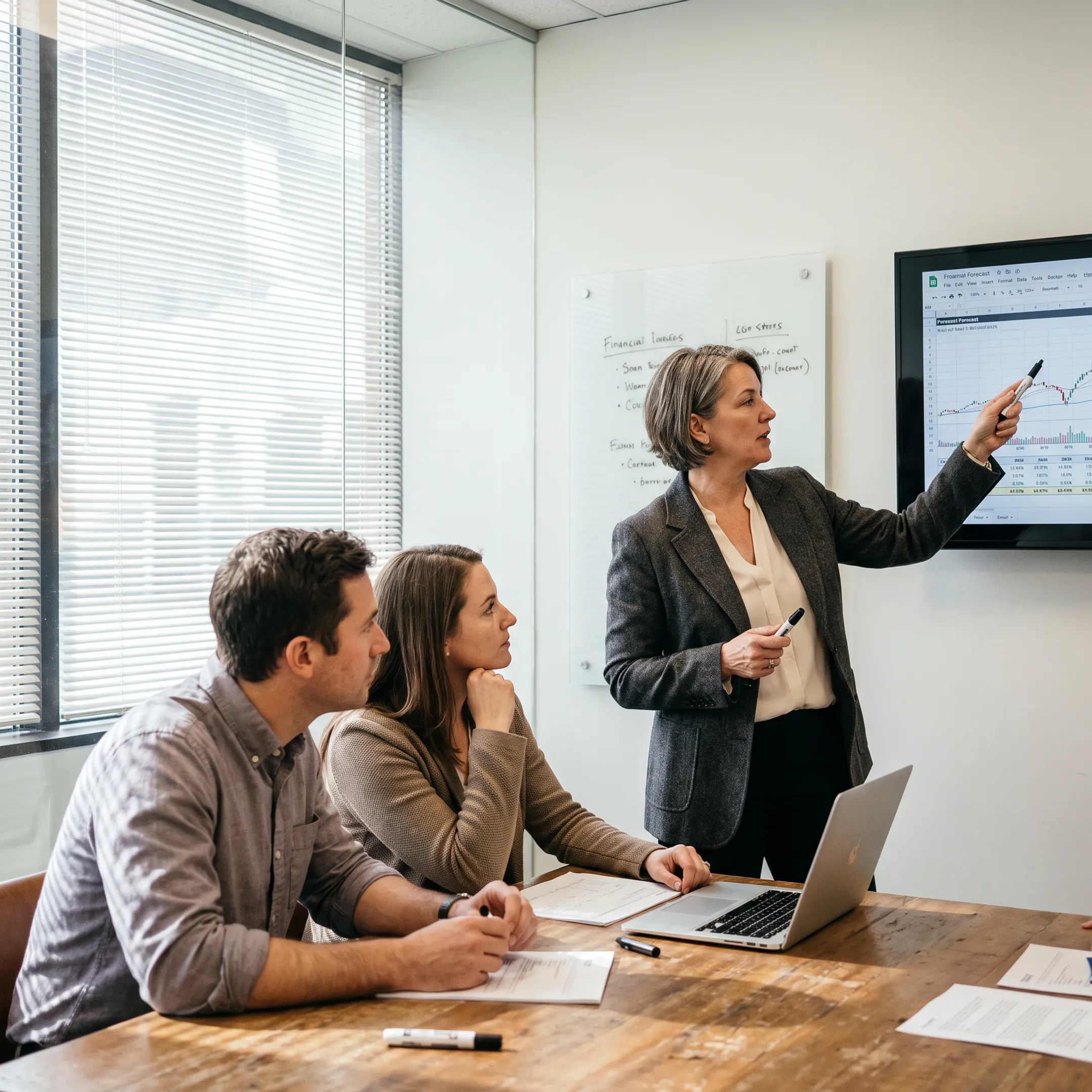 Interim CFO presenting financial strategy to company founders