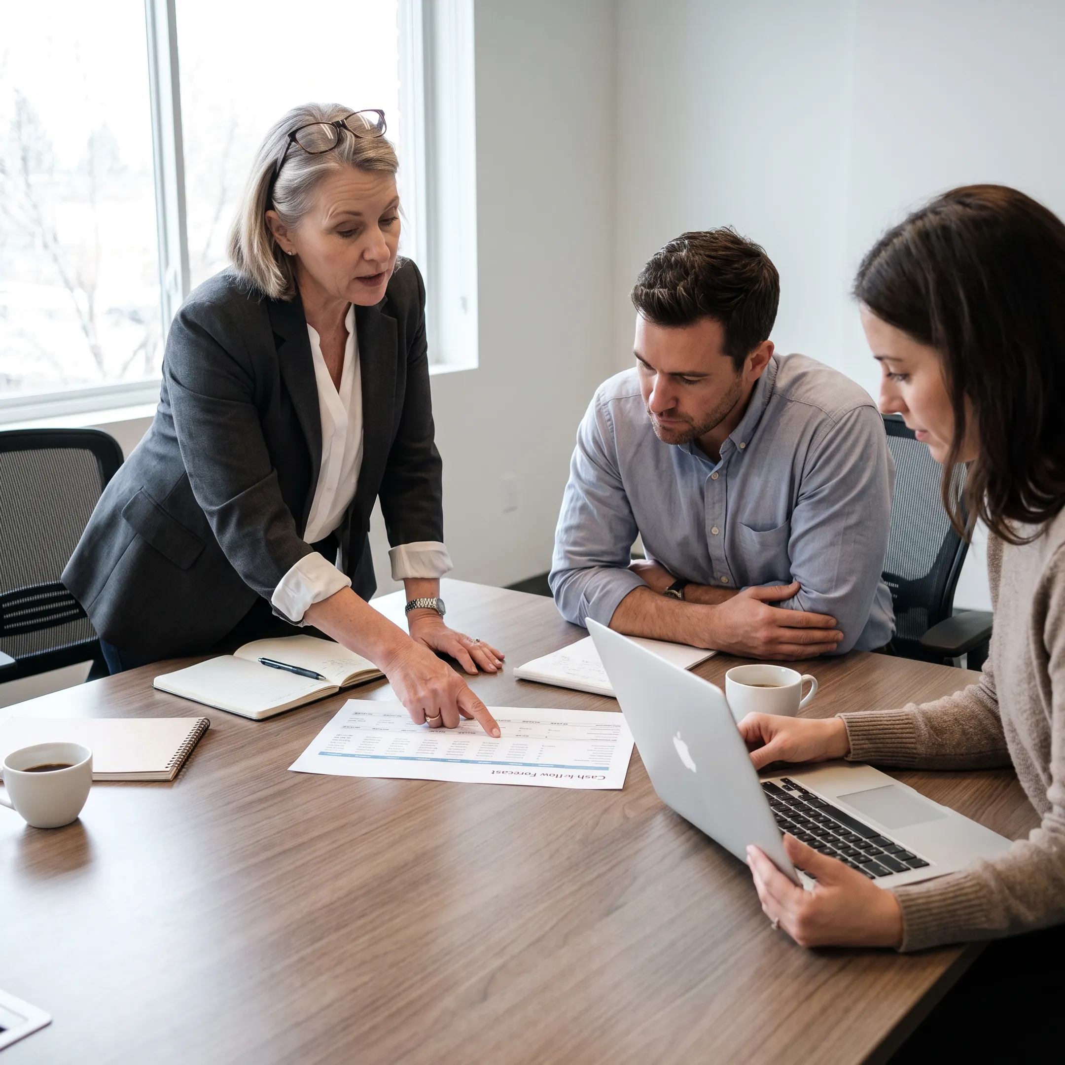 Senior startup finance operator reviewing financial reports with founders