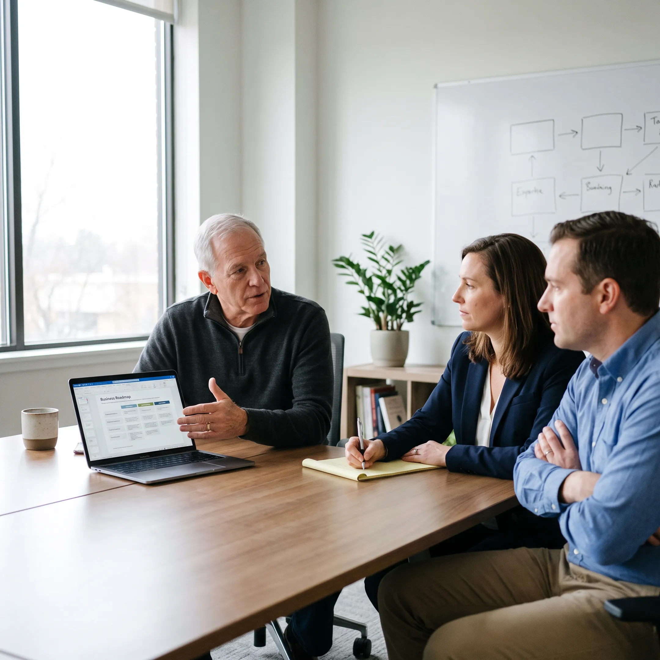Senior technology operator discussing strategy with startup founders