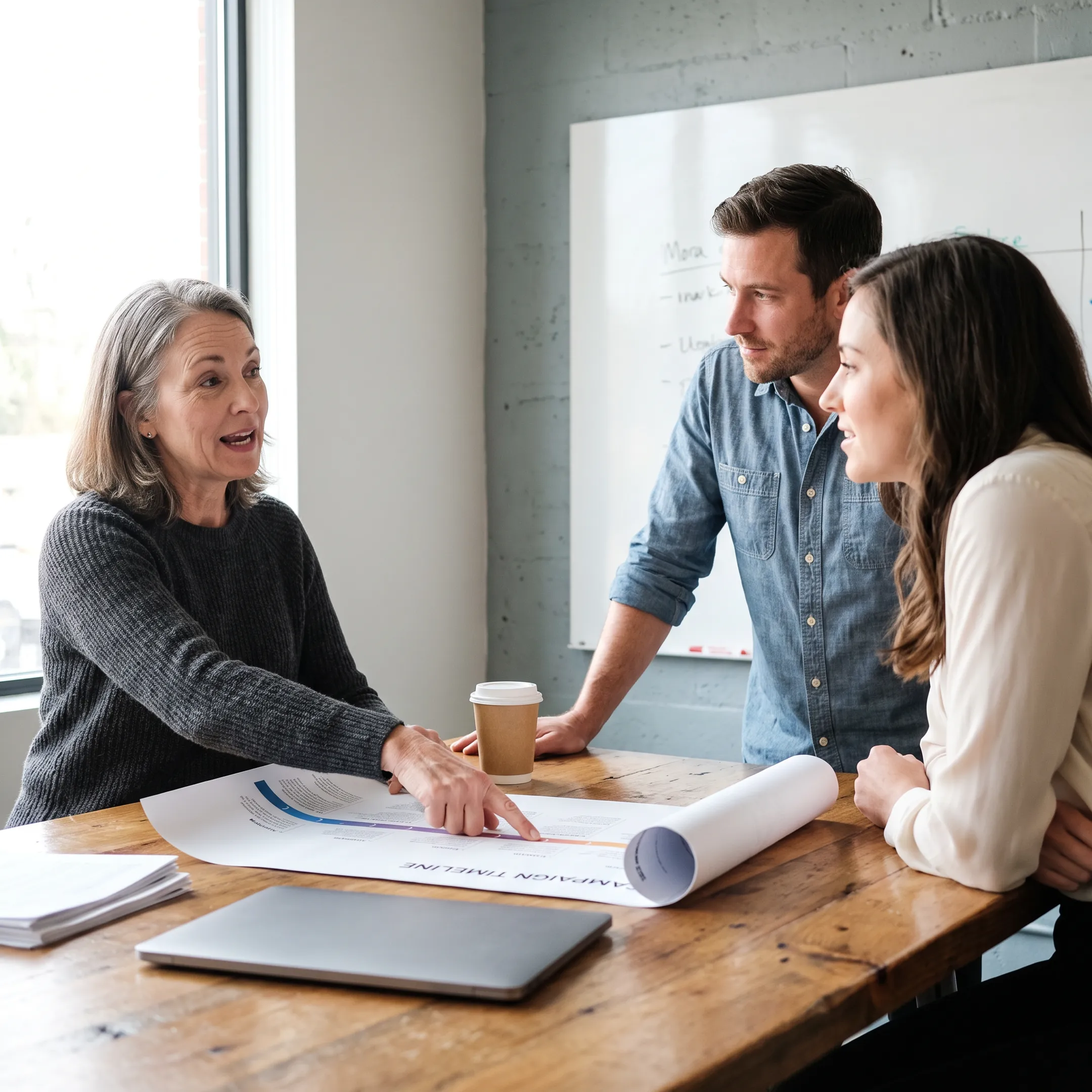 Senior operator planning startup marketing execution with founders
