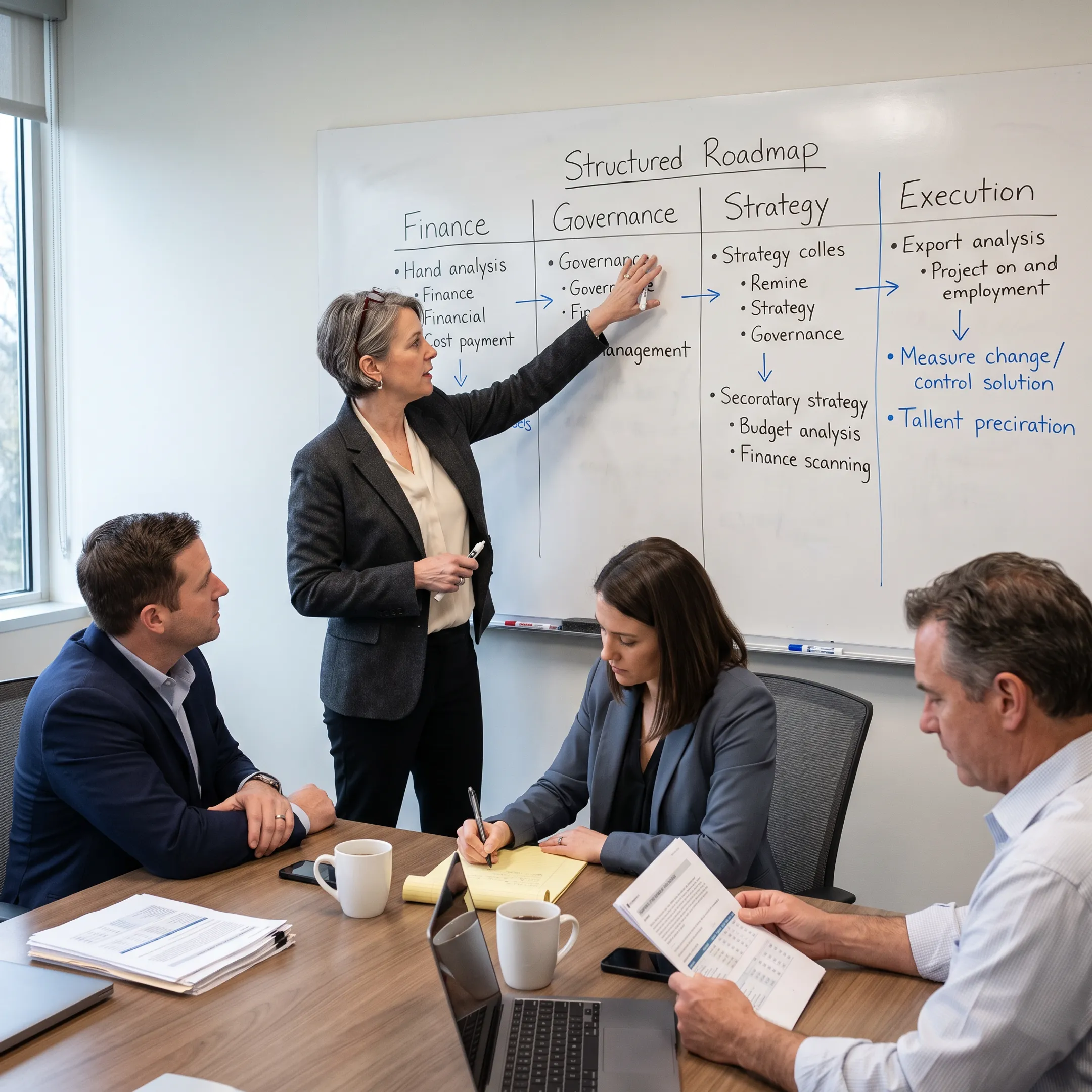 Operating advisor presenting IPO readiness strategy to executives