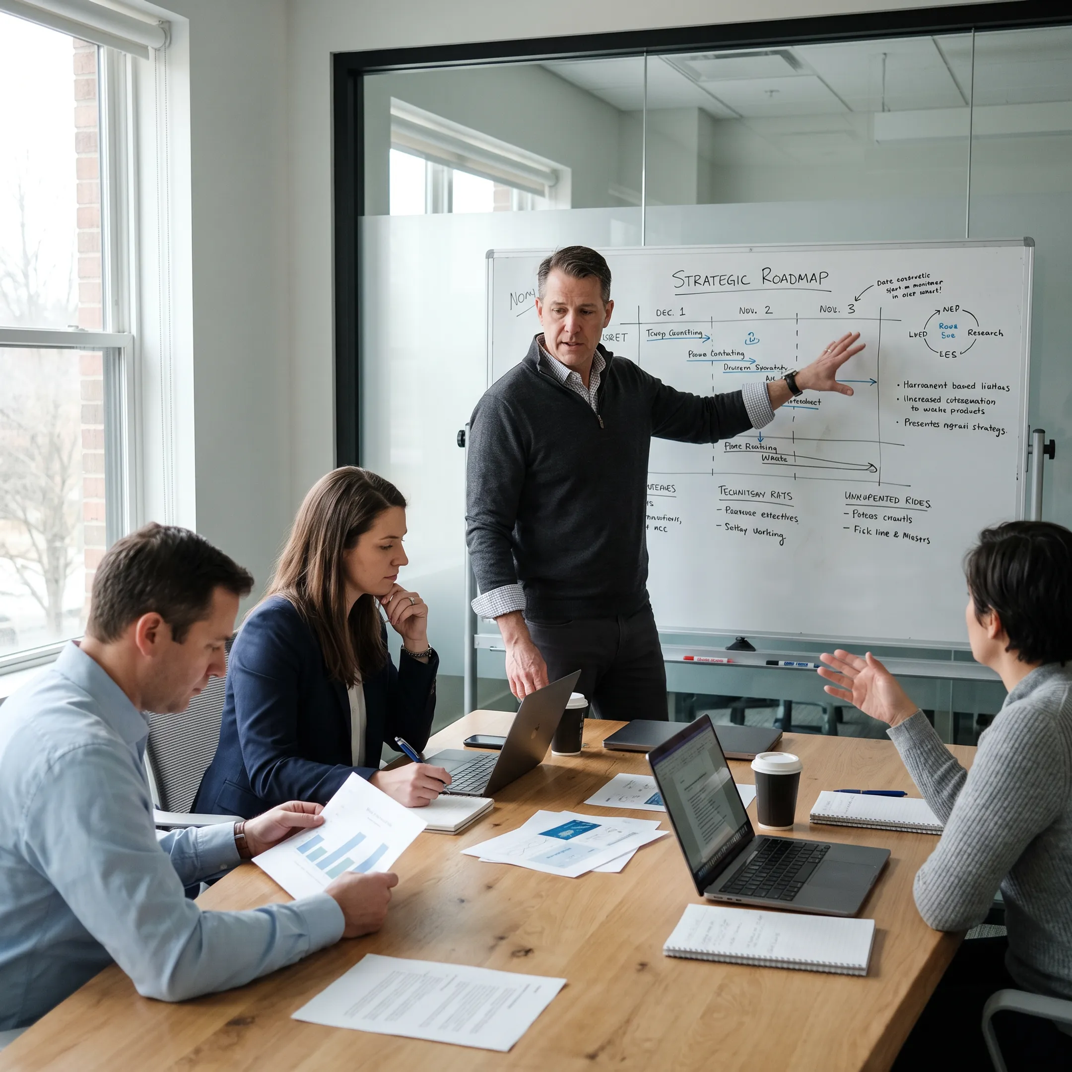 Senior operator leading a strategic planning discussion with a growing company team