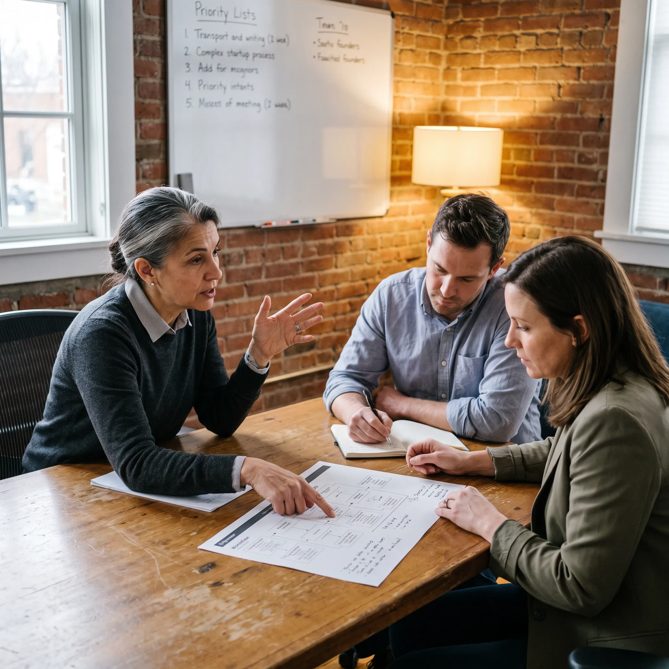 Business operator planning priorities with company founders