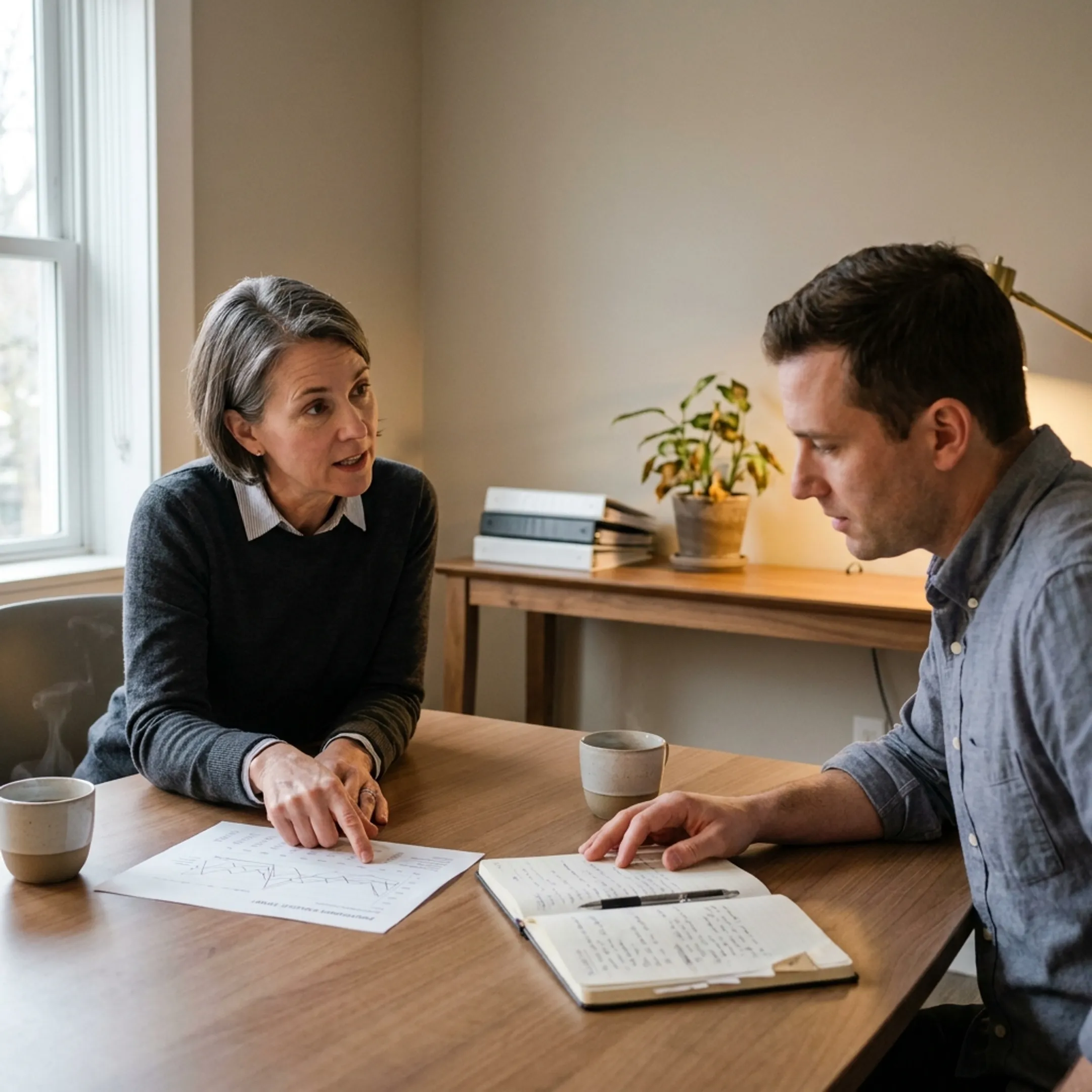 Advisor and founder discussing business transition priorities