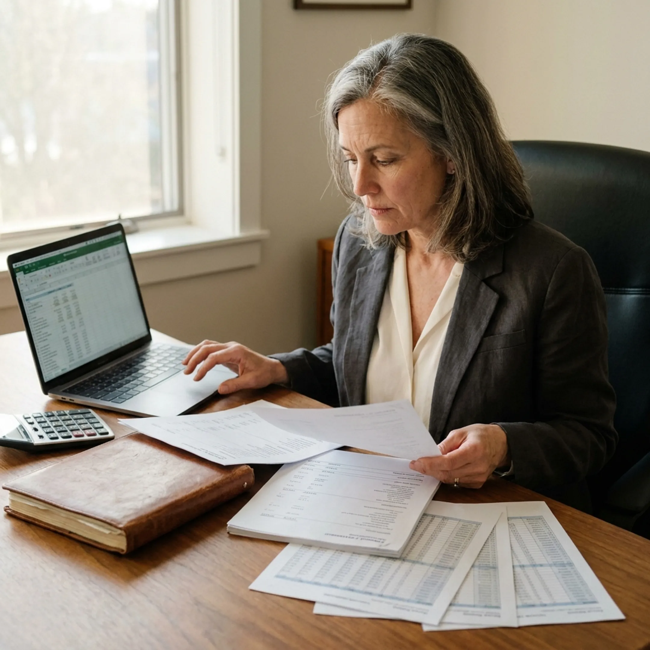 Finance operator organizing reports and accounting documents for a business